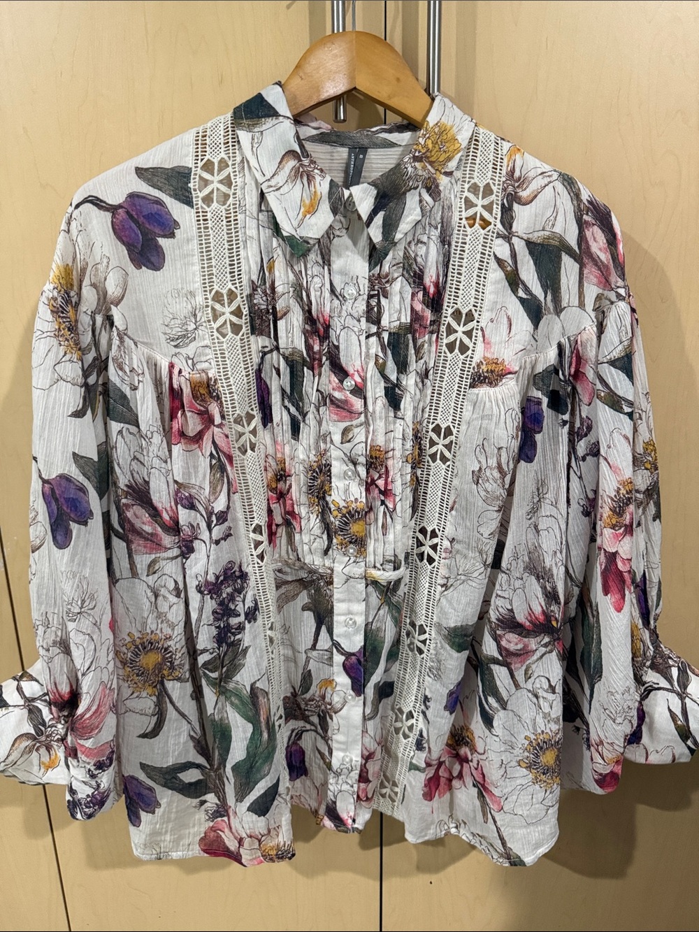 Anthropologie White Floral Lace-Trim Button Blouse